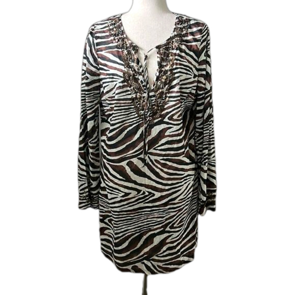 Antonio Melani‎ Beaded Animal Print Tunic Swim Cover Up  Size Medium